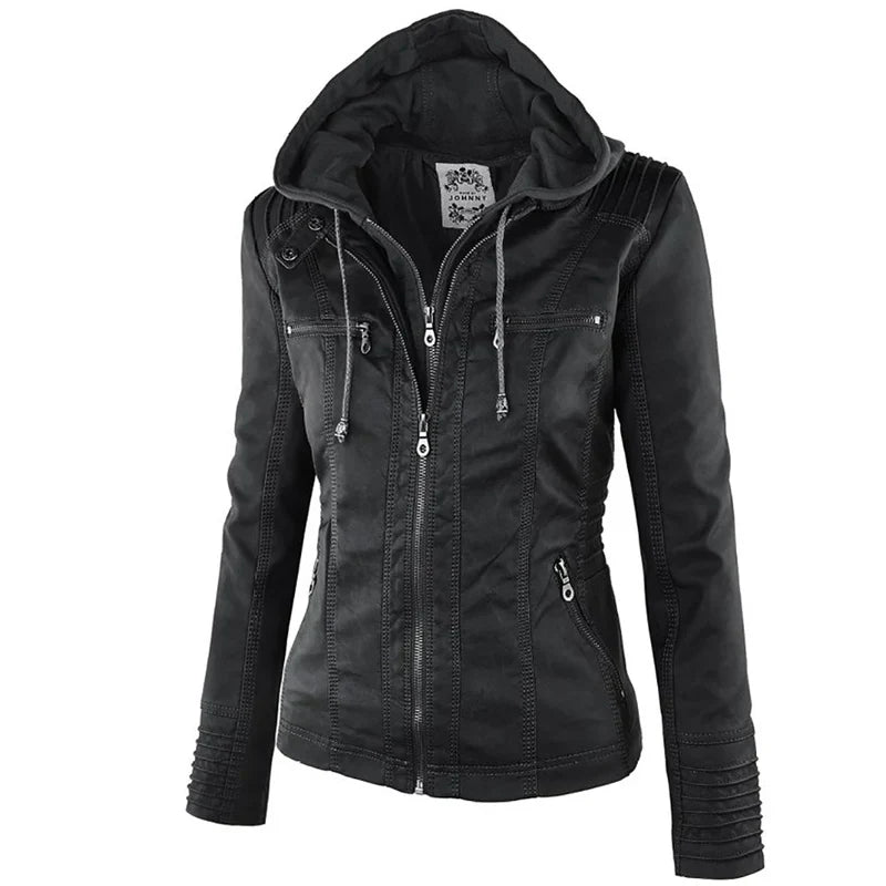 Adeline | Damen-Bikerjacke aus Kunstleder mit Kapuze