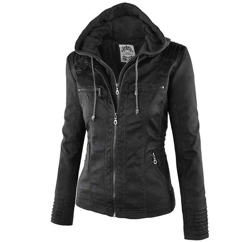 Adeline | Damen-Bikerjacke aus Kunstleder mit Kapuze