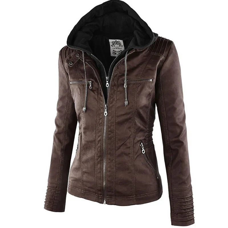 Adeline | Damen-Bikerjacke aus Kunstleder mit Kapuze