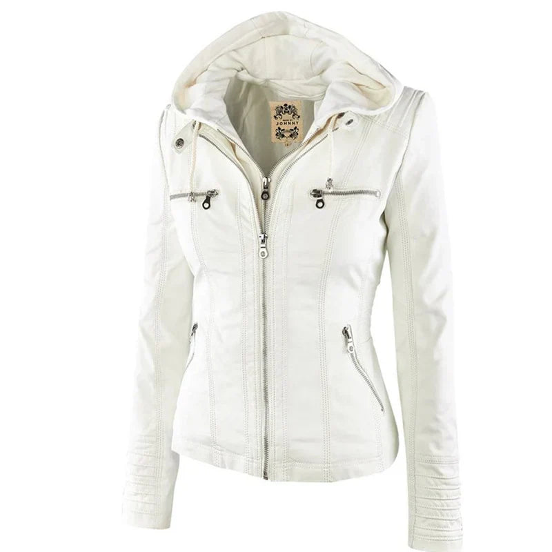 Adeline | Damen-Bikerjacke aus Kunstleder mit Kapuze
