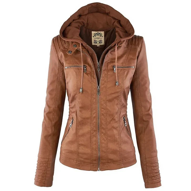 Adeline | Damen-Bikerjacke aus Kunstleder mit Kapuze