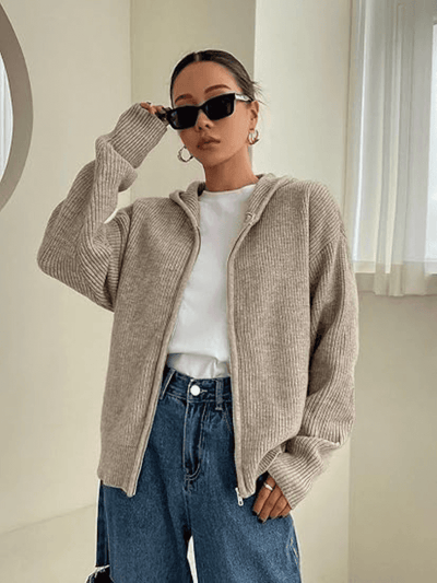Ivy | Damen Strickpullover mit Kapuze und Reißverschluss
