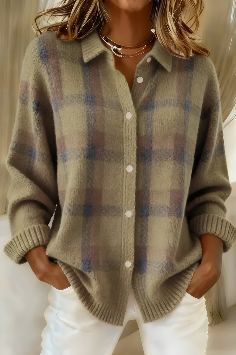 Julienne | Women's Plaid Collared Knit Cardigan