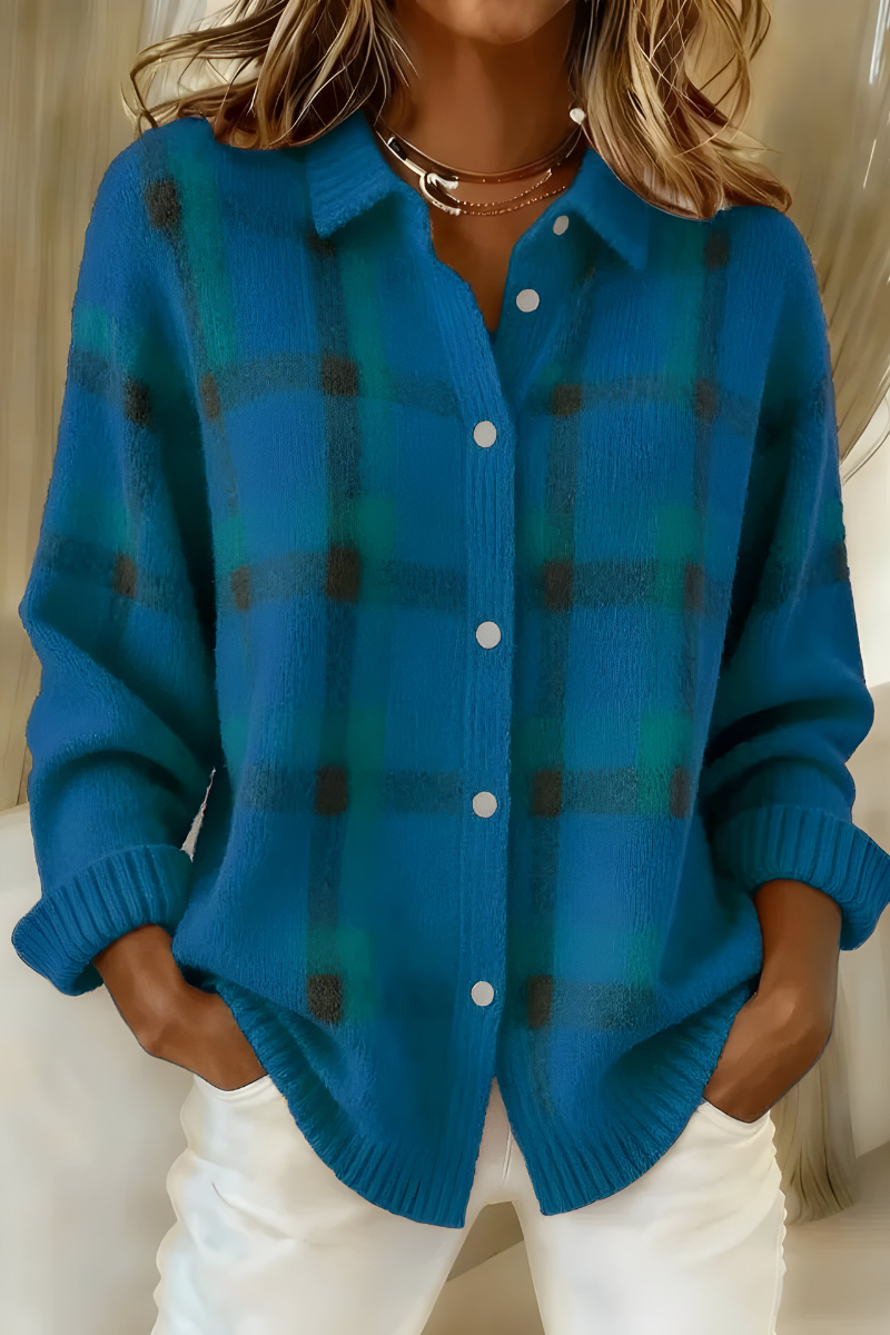 Julienne | Women's Plaid Collared Knit Cardigan