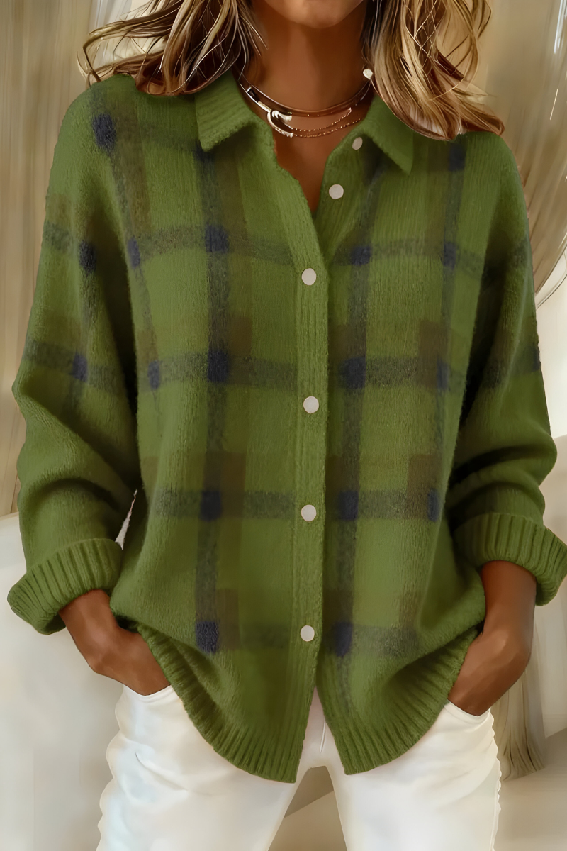 Julienne | Women's Plaid Collared Knit Cardigan
