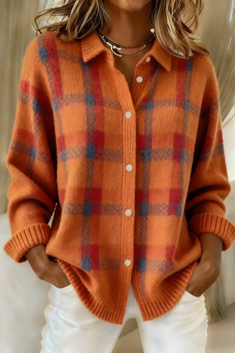 Julienne | Women's Plaid Collared Knit Cardigan