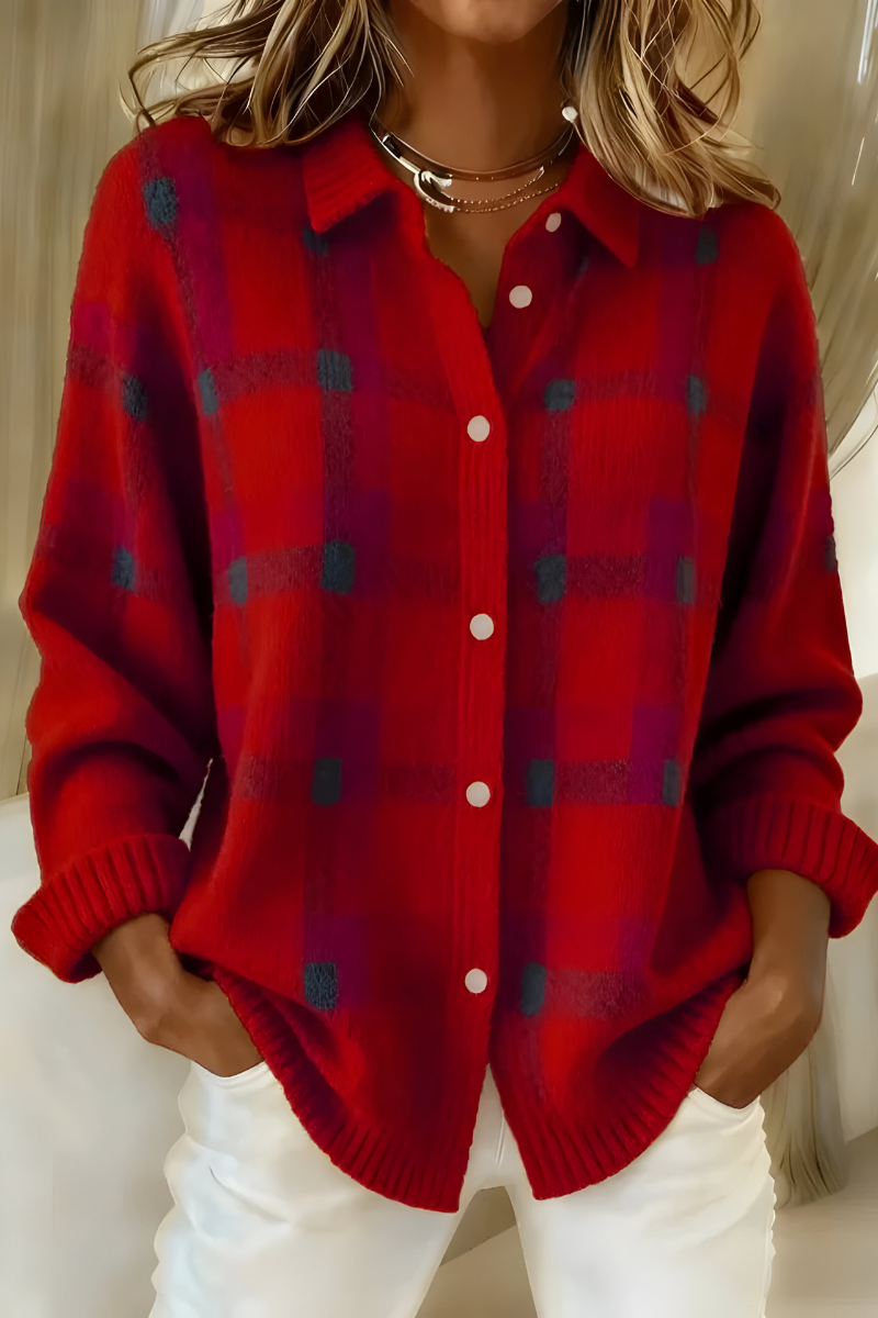 Julienne | Women's Plaid Collared Knit Cardigan