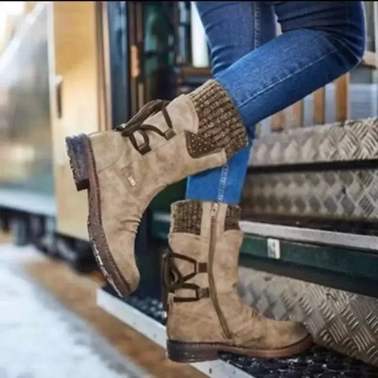 Louisa | Damen-Strickstiefel mit Bündchen bis zur Mitte des Schienenbeins