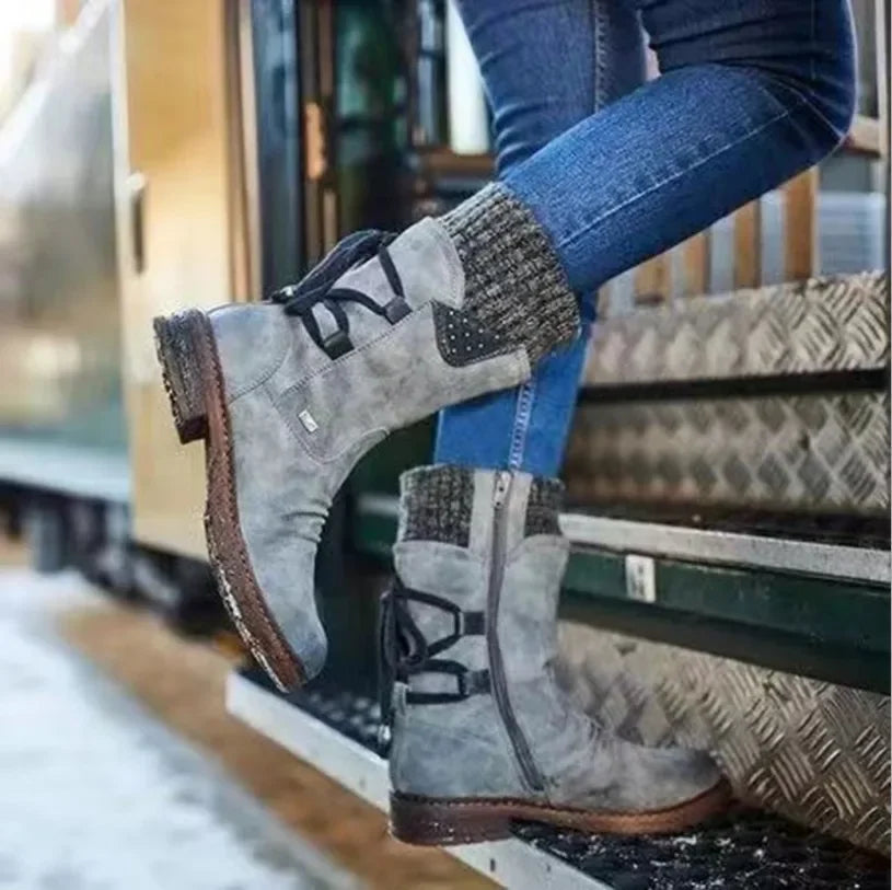 Louisa | Damen-Strickstiefel mit Bündchen bis zur Mitte des Schienenbeins