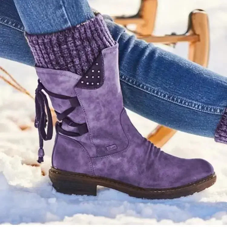 Louisa | Damen-Strickstiefel mit Bündchen bis zur Mitte des Schienenbeins